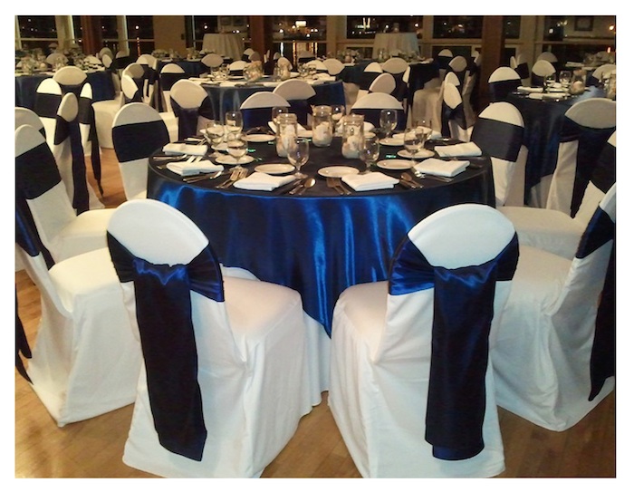 Royal blue satin sash tie on white chair covers RS